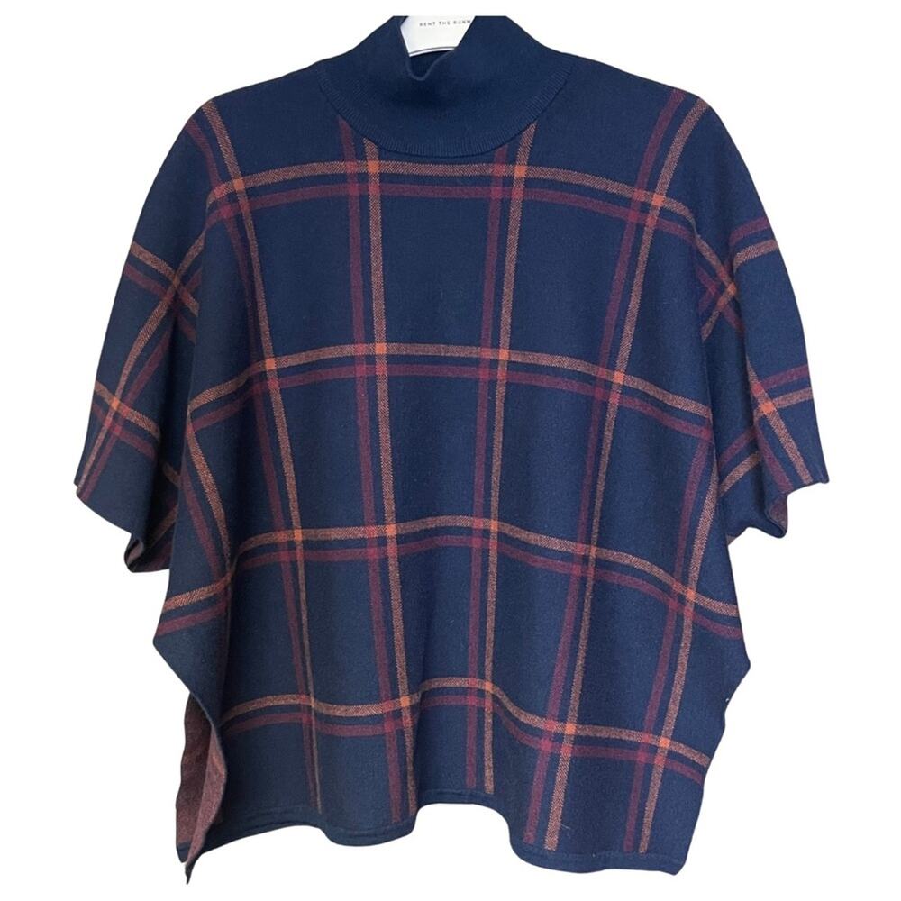 Max Studio short sleeve plaid poncho blue heavy warm cozy sweater one size